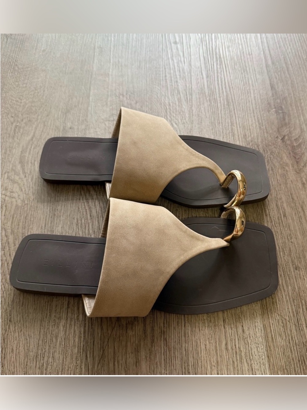 billini antonella tan taupe square toe gold ring detail thong summer sandals 8